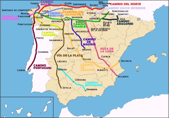 Mapa de todos los Caminos de Santiago